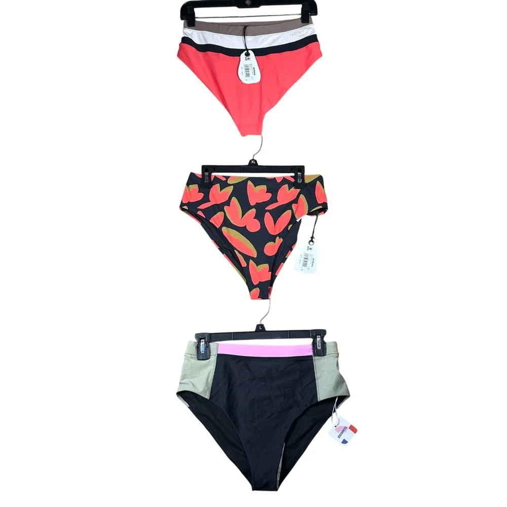 Lot of 3 Prana Baja Bound High Rise Bikini Bottom Rose Fire Colorblock Womens M
